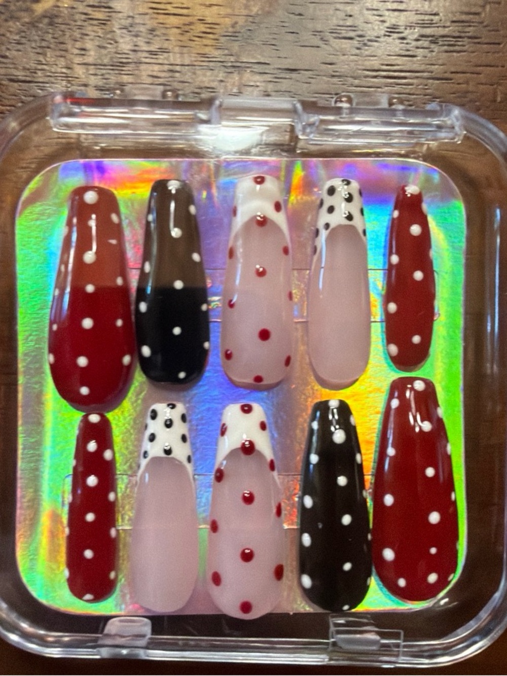 Press-On Nail Set with Red, Black & White Polka Dot Design